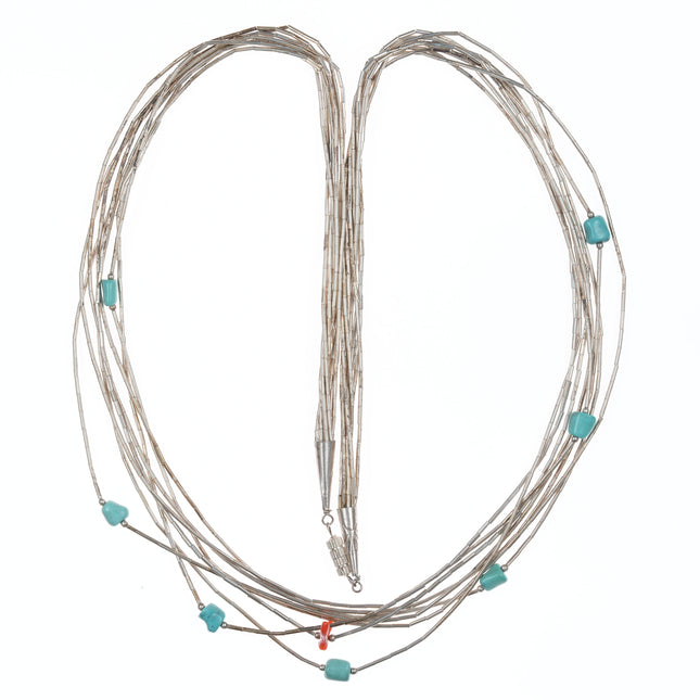 28" Vintage Native American Sterling liquid silver multi-strand necklace with turquoise and coral