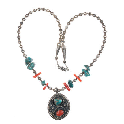 17" Vintage Native American sterling, turquoise, and coral beaded pendant necklace