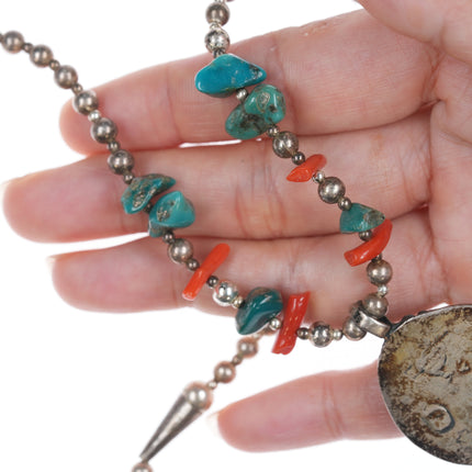 17" Vintage Native American sterling, turquoise, and coral beaded pendant necklace
