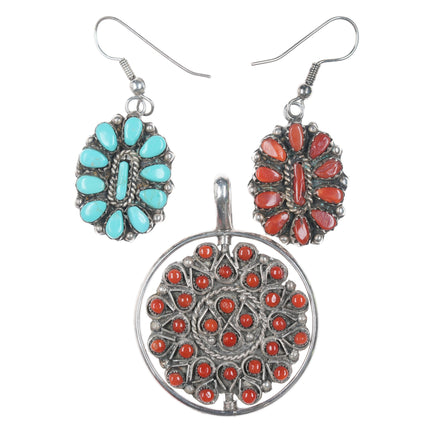 Vintage Zuni Turquoise/Coral Reversible earrings/pendant