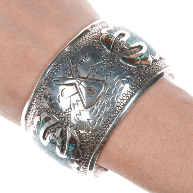 7.25" 1970's Navajo Bird Chip inlay sterling cuff bracelet