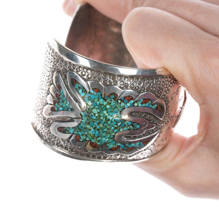 7.25" 1970's Navajo Bird Chip inlay sterling cuff bracelet