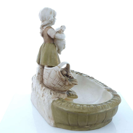 c1900 Royal Dux Art Nouveau Goose Girl with Basket centerpiece or dresser tray