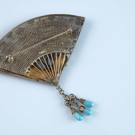 1930 年代中国纯银珐琅绿松石金鎏金花丝扇形胸针