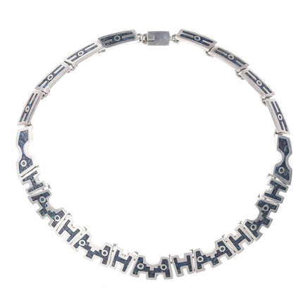 Retro-Halskette im mexikanischen Azteken-Stil mit Chip-Inlay aus Sterlingsilber