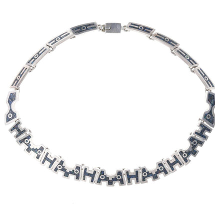 Retro-Halskette im mexikanischen Azteken-Stil mit Chip-Inlay aus Sterlingsilber