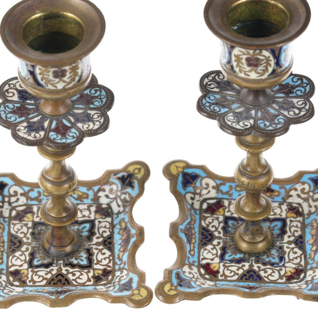 Antique French Bronze Champleve candlesticks