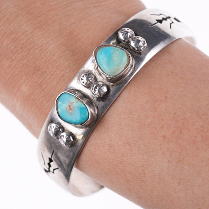 6.75" Vintage Navajo shadowbox silver bracelet with turquoise