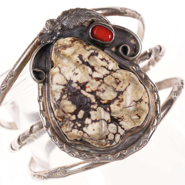 Navajo Sterling White buffalo turquoise and coral cuff bracelet