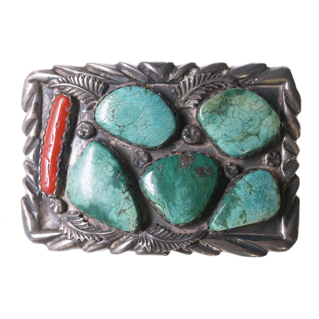 Vintage Zuni silver turquoise and coral belt buckle