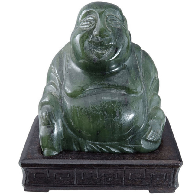 Nephrit-Jade-Buddha aus der Zeit der Chinesischen Republik auf einem Holzständer