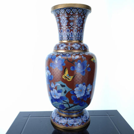15.5" Vintage Chinese Cloisonné Birds and Butterfly Vase