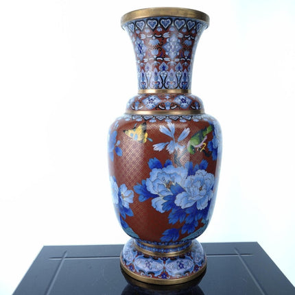 15.5" Vintage Chinese Cloisonné Birds and Butterfly Vase