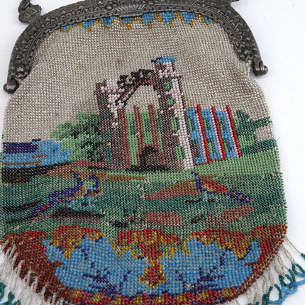 c1900 Beaded Handbag with intricate Architectural Landscape 800 silver frame wit