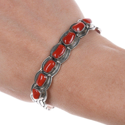 6.25" Native American Silver and coral heavy stamped row cuff bracelet