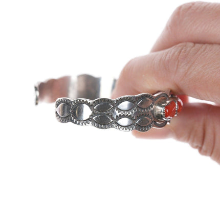 6.25" Native American Silver and coral heavy stamped row cuff bracelet