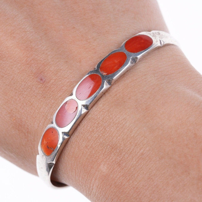 6.5" 40's-50's Zuni Flush inlay coral tufa cast silver bracelet