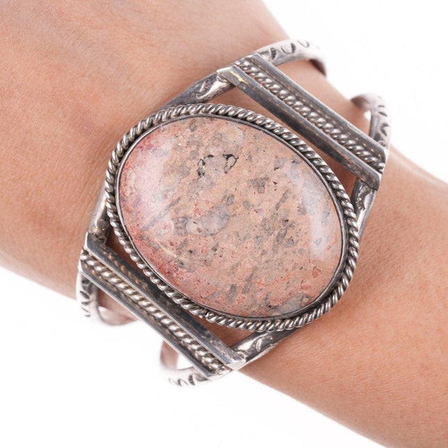 6.5" 50's-60's Navajo Stamped Silver bracelet with petrified wood