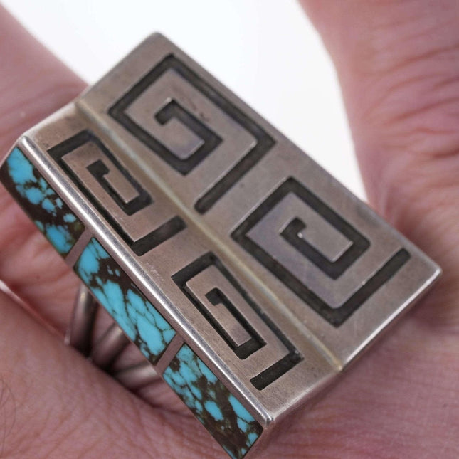 Large Hopi Sterling channel inlay turquoise modernist ring