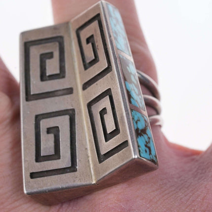 Large Hopi Sterling channel inlay turquoise modernist ring