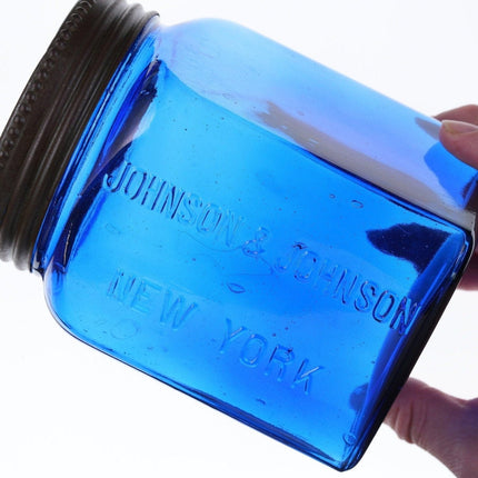 古董 Johnson &amp; Johnson 钴蓝色医疗/药剂师创可贴/带盖纱布罐