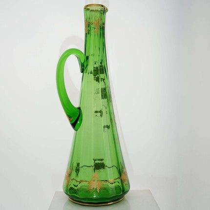 c1900 Huge Moser Art Nouveau Bohemian Art Glass Ewer Green with Raised gold