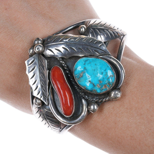 6.5" Native American Sterling, turquoise, and coral cuff bracelet