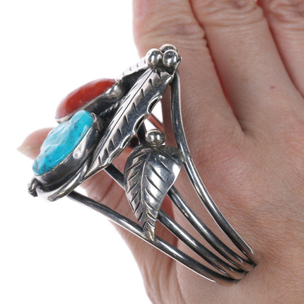 6.5" Native American Sterling, turquoise, and coral cuff bracelet