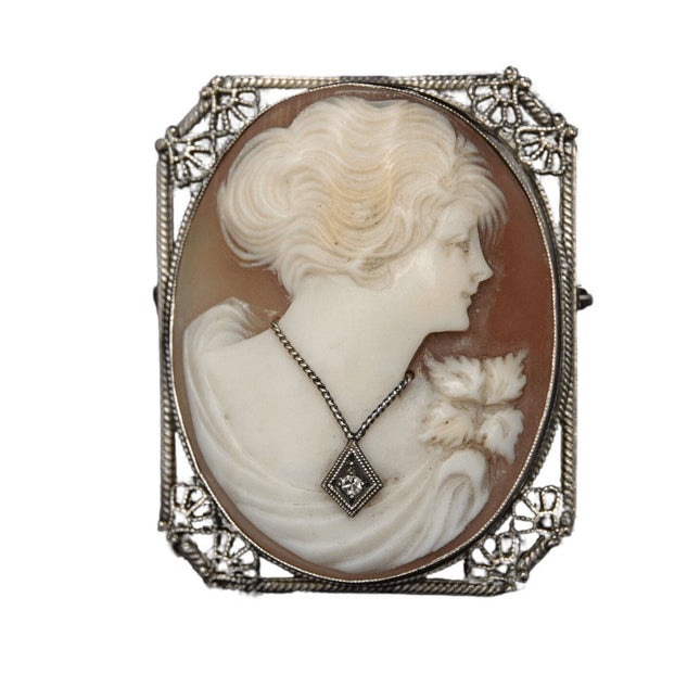 c1920 14k White Gold Cameo with Diamond Pendant/Brooch