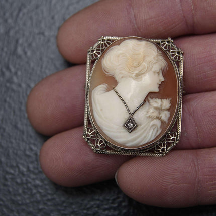 c1920 14k White Gold Cameo with Diamond Pendant/Brooch