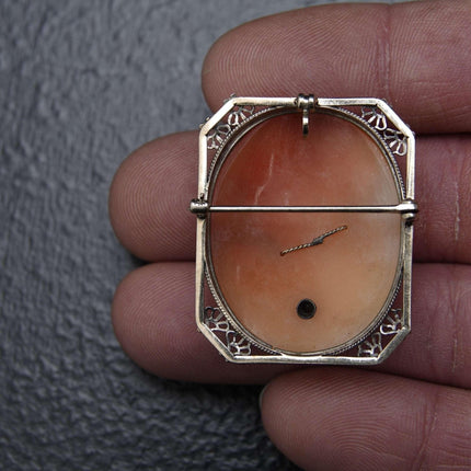 c1920 14k White Gold Cameo with Diamond Pendant/Brooch