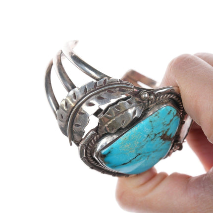 6 3/8 英吋復古美洲原住民純銀和綠松石手鍊，附葉子設計