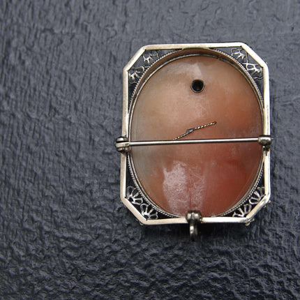 c1920 14k White Gold Cameo with Diamond Pendant/Brooch