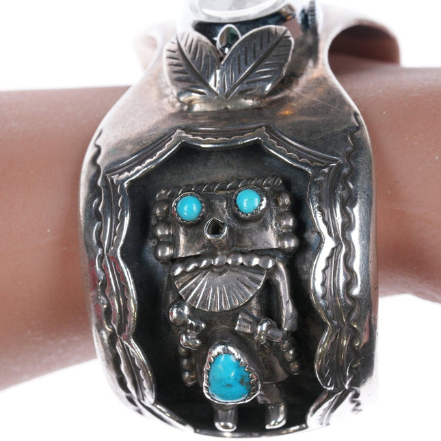 6.5" Vintage Native American Sterling and turquoise Kachina watch cuff bracelet