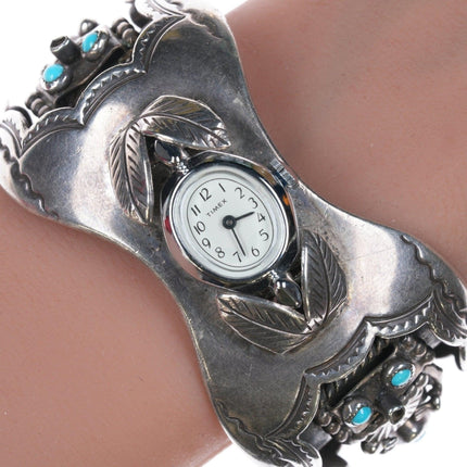 กำไลข้อมือนาฬิกา Kachina แบบวินเทจพื้นเมืองอเมริกันสเตอร์ลิงและเทอร์ควอยซ์ขนาด 6.5 นิ้ว