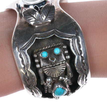 6.5" Vintage Native American Sterling and turquoise Kachina watch cuff bracelet