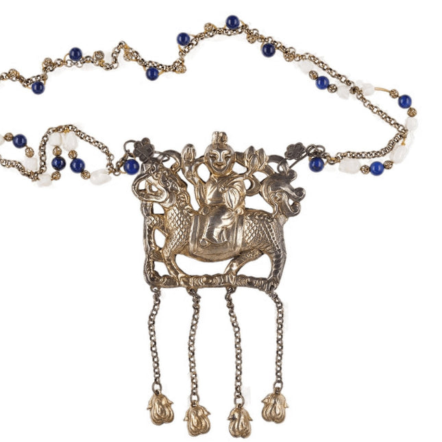 Antique Chinese Gilt Silver Kylin Necklace with lapis and carved coral beads