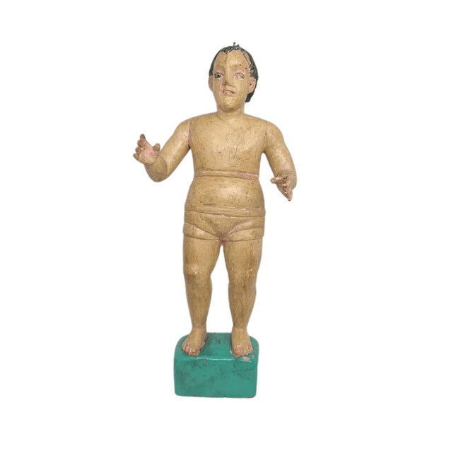 Antike Santos-Figurenpuppe, geschnitztes Holz, polychrome Glasaugen, 18.-19. Jahrhundert