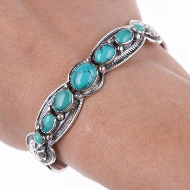 6 3/8" David Reeves Navajo Heavy Stamped sterling and turquoise bracelet