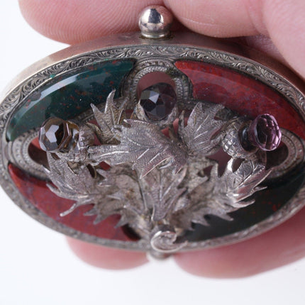 Antique Scottish Agate/Amethyst/sterling thistle pin