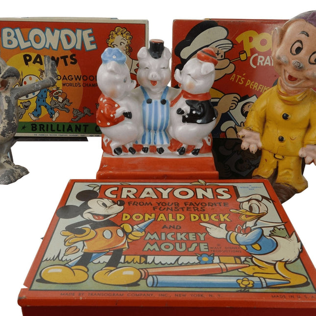c1940 Disney Warner Brothers Lot Mickey Mouse, Blondie, Popeye, Drei kleine Schweinchen Zahnbürstenhalter, Bugs Bunny