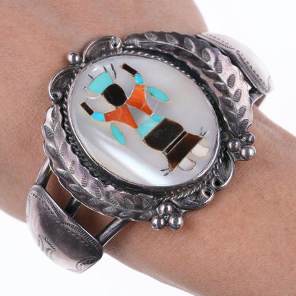 6.75" Vintage Zuni Inlaid stamped silver bracelet