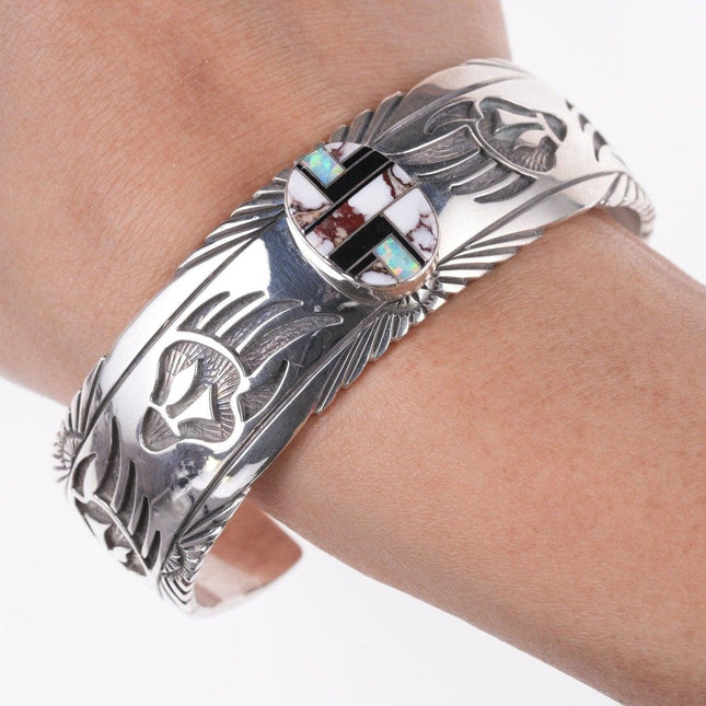 7.5" Charlie Bowie Navajo Channel inlay Sterling silver overlay style bracelet