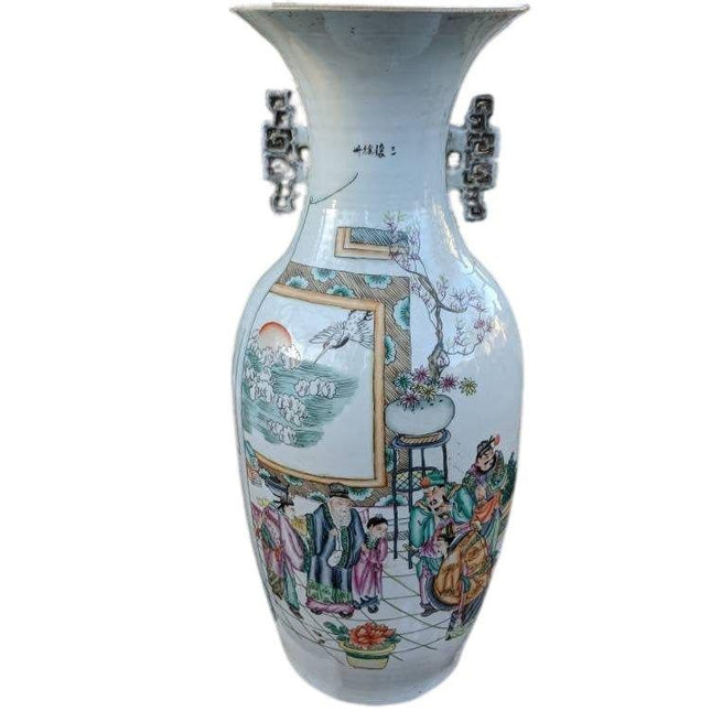 22.5" Antique Chinese Famille Rose Vase with Kanji and hand painted figures