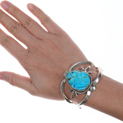 6.25" Zuni แกะสลัก Turquoise กบเครื่องรางสเตอร์ลิงสร้อยข้อมือหล่อ