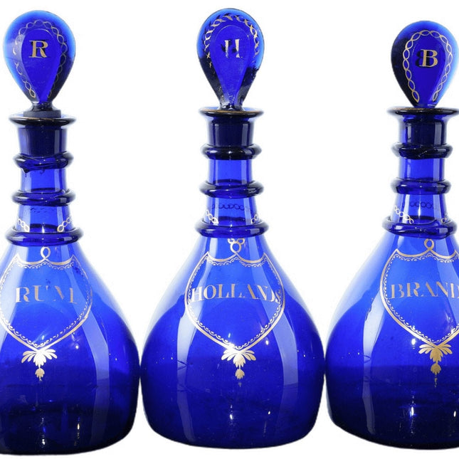 c1800 Bristol Cobalt Blown Glass Decanter set with faceted stoppers