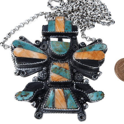 Vintage Zuni Sterling multi-stone inlay Knifewing with turquoise, spiny oyster s