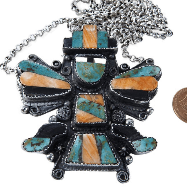 復古 Zuni 純銀多寶石鑲嵌刀，鑲嵌綠松石、牡蠣殼、珍珠母和黑玉