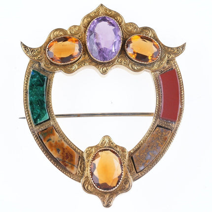 Antique Scottish 15ct gold citrine, amethyst, and agate pin