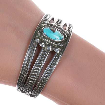 6 7/8" c1930's Navajo Whirling Logs Hand Stamped silver and turquoise cuff brace